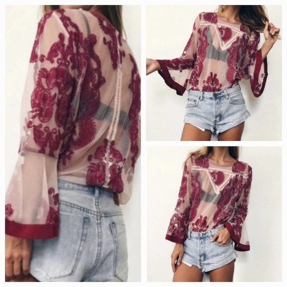 MinkPink Burgundy Red & Pink Paisley Sheer Embroidered Bell 3/4-Sleeve Top - Picture 2 of 8